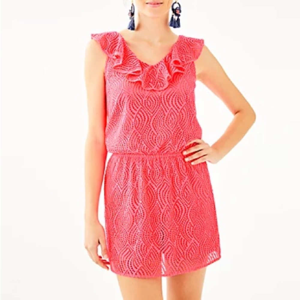 LILLY PULITZER: Alessa Romper; Crab Claw Coral Flowing Leaf Lace, S